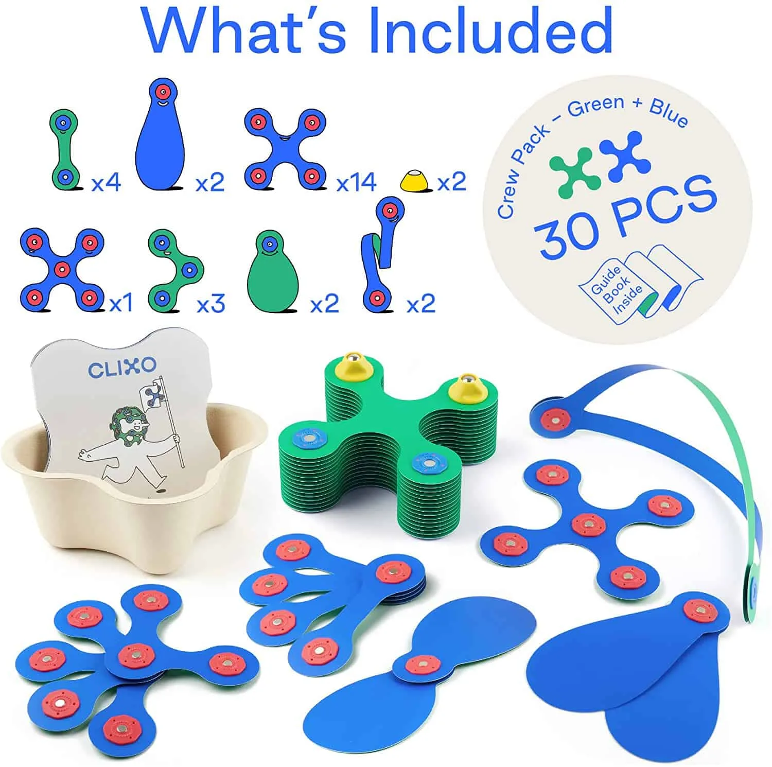 Clixo mágneses építőjáték kék és zöld szett (30 darabos) - Image 7